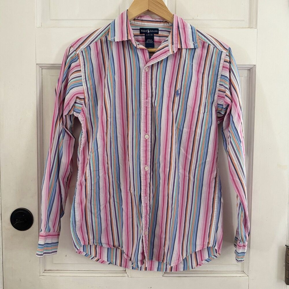 Ralph Lauren Boys L 16-18 Multicolor Striped Button Down Shirt 100% Cotton